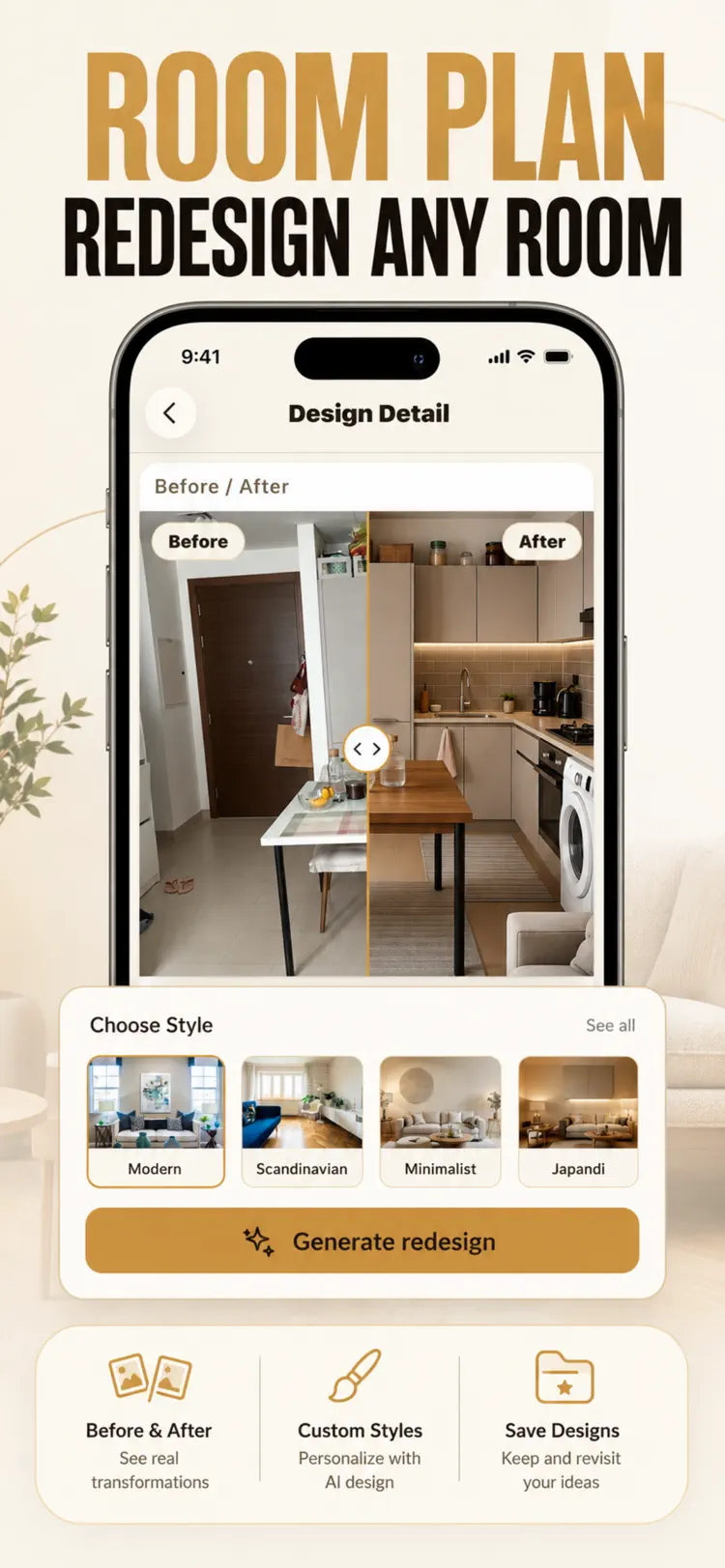 AI Interior Design: Room Plan iPhone app screen for visualize room and interior design ideas