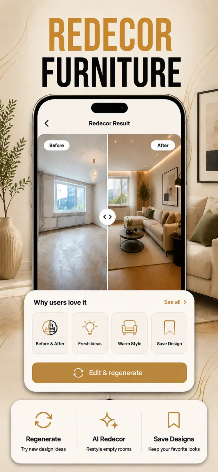 AI Interior Design: Room Plan settings and feature screen