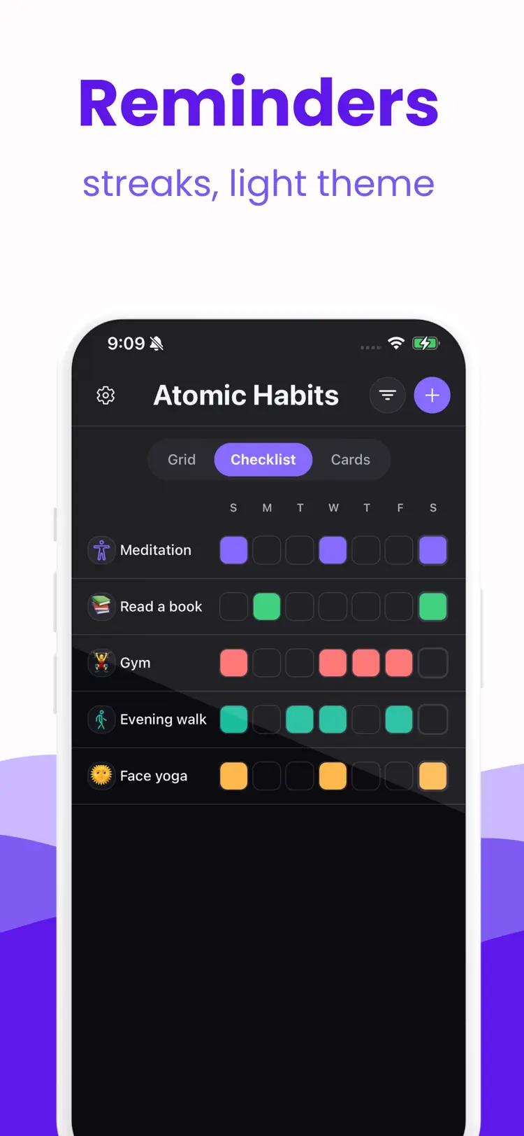 Atomic Habits & Goal Tracker settings and feature screen