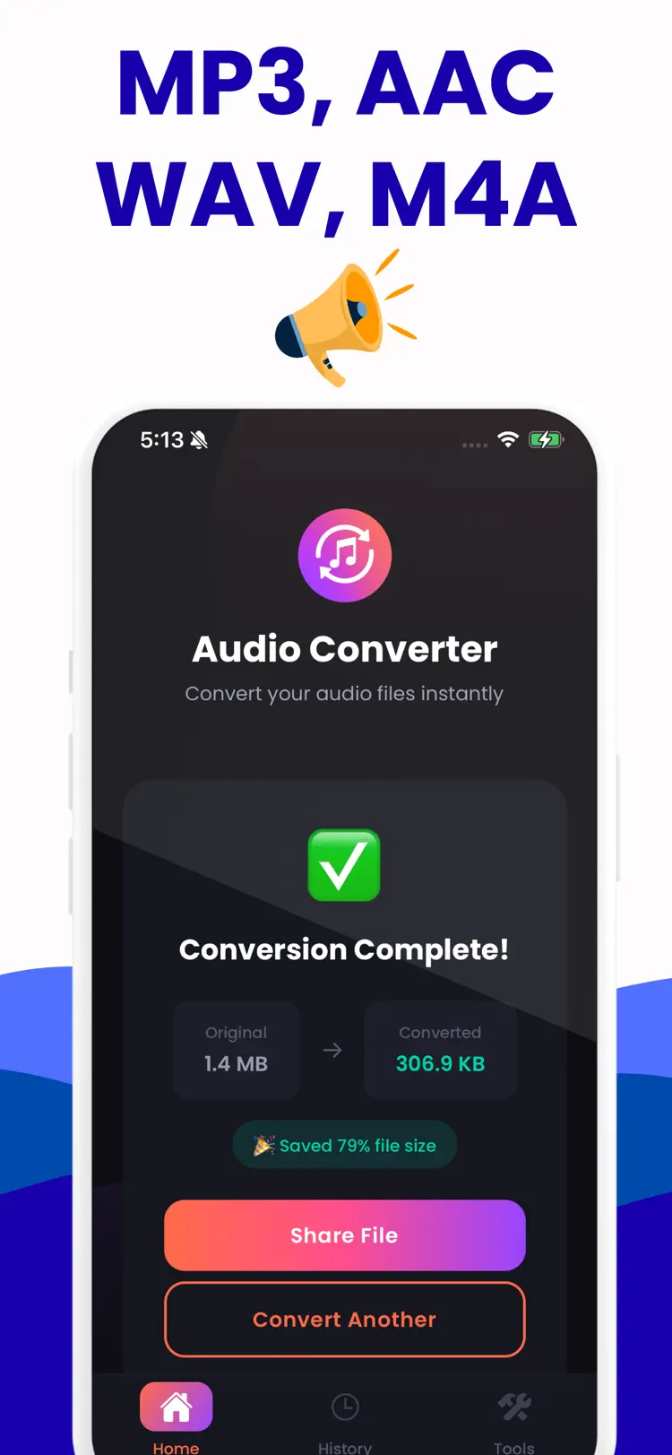 Audio Converter - m4a to mp3 workflow and result preview