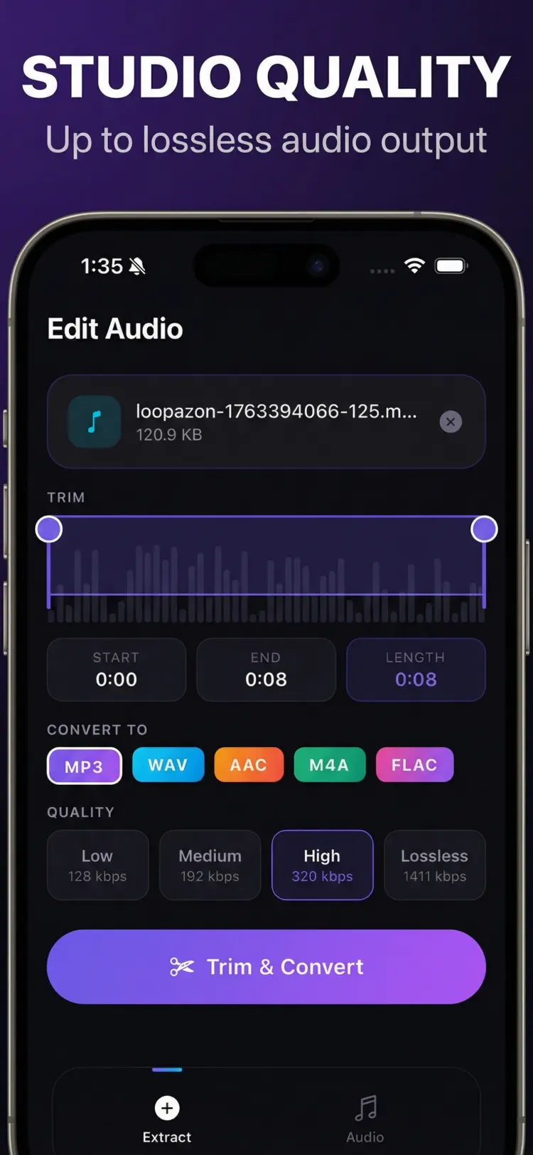 Audio Extractor: MP3 Converter settings and feature screen
