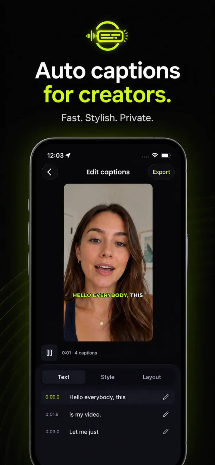 Auto Captions app adding word-by-word subtitles to a video on iPhone