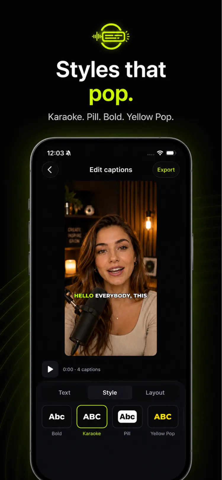 Caption style picker showing karaoke highlight, bold outline and yellow pop presets