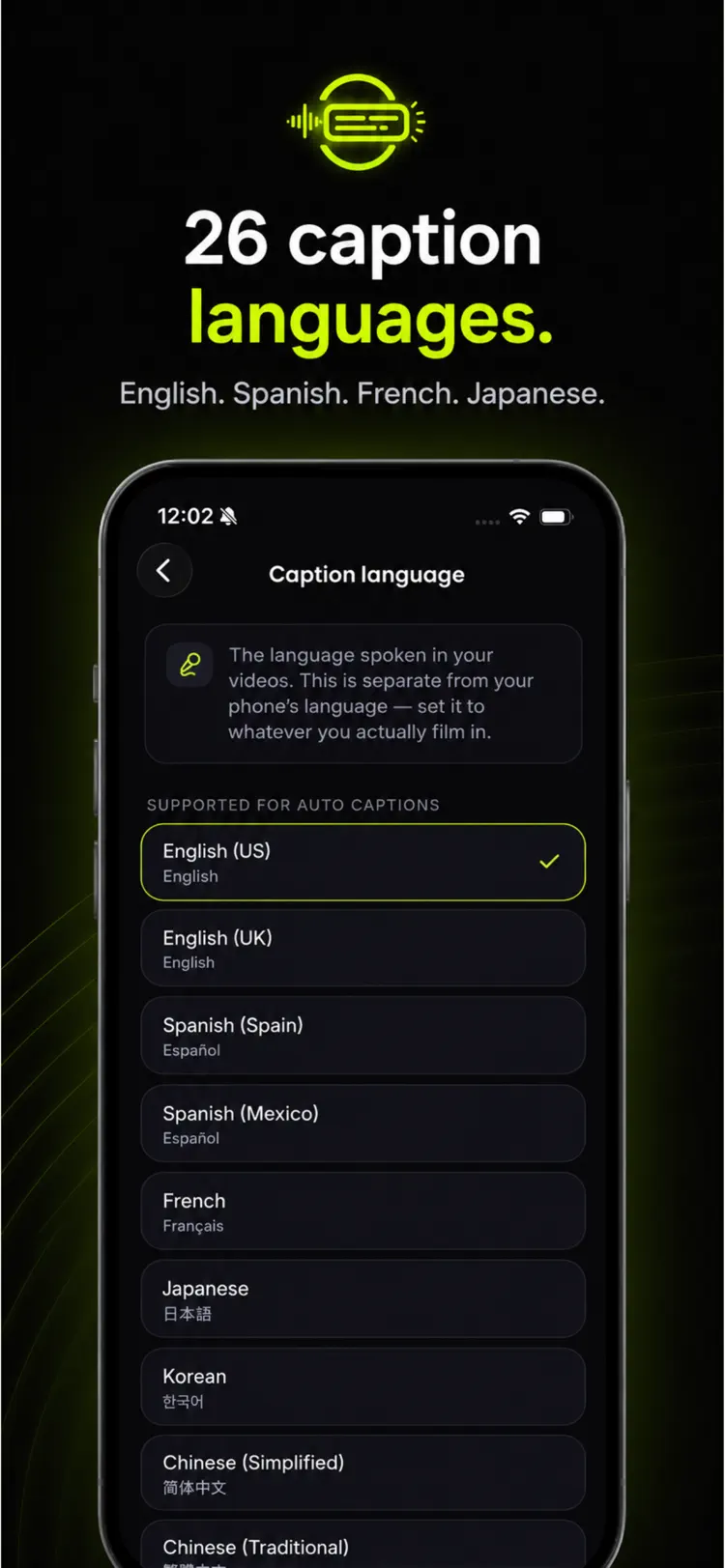 Caption language picker listing the 26 supported spoken languages