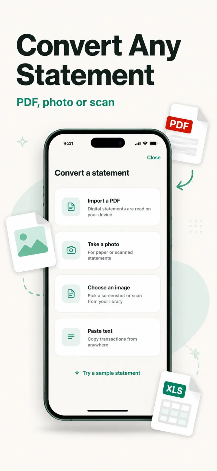 Bank Statement Converter Excel iPhone app screen for convert bank statements to Excel or CSV