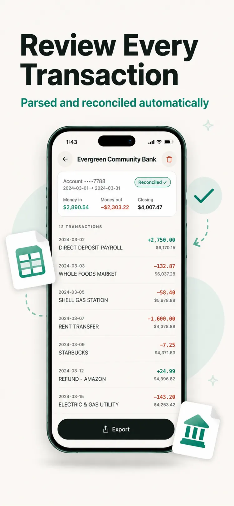 Bank Statement Converter Excel main tools and options on iPhone