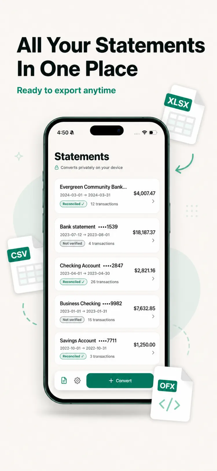 Bank Statement Converter Excel settings and feature screen