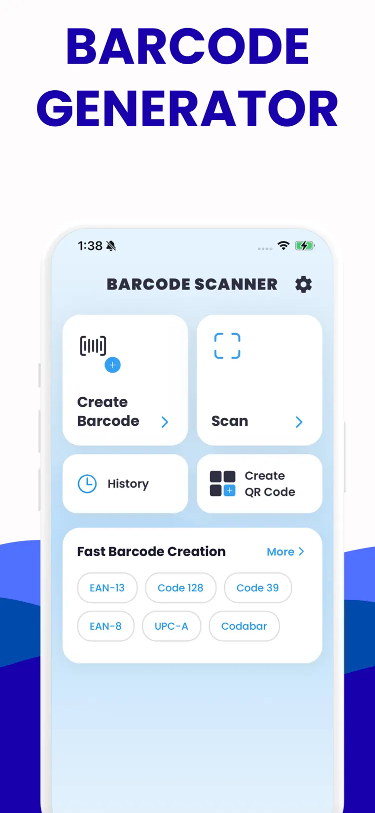 Barcode Generator - QR Scanner main tools and options on iPhone