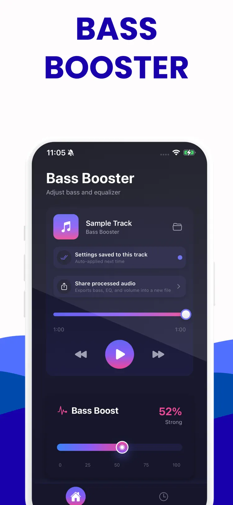Bass Booster: Sound Enhancer main tools and options on iPhone
