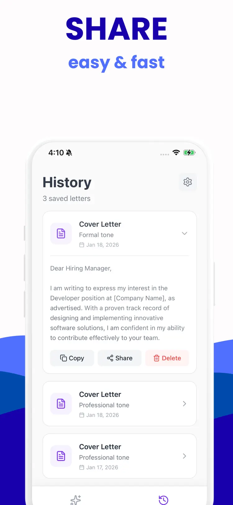 Cover Letter Creator - Get Job settings and feature screen