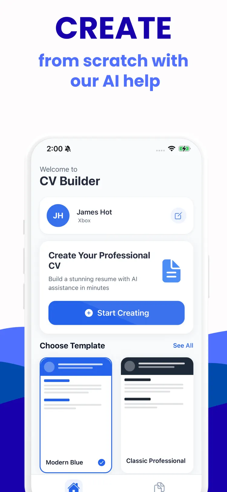 CV Builder: AI Resume Maker main tools and options on iPhone