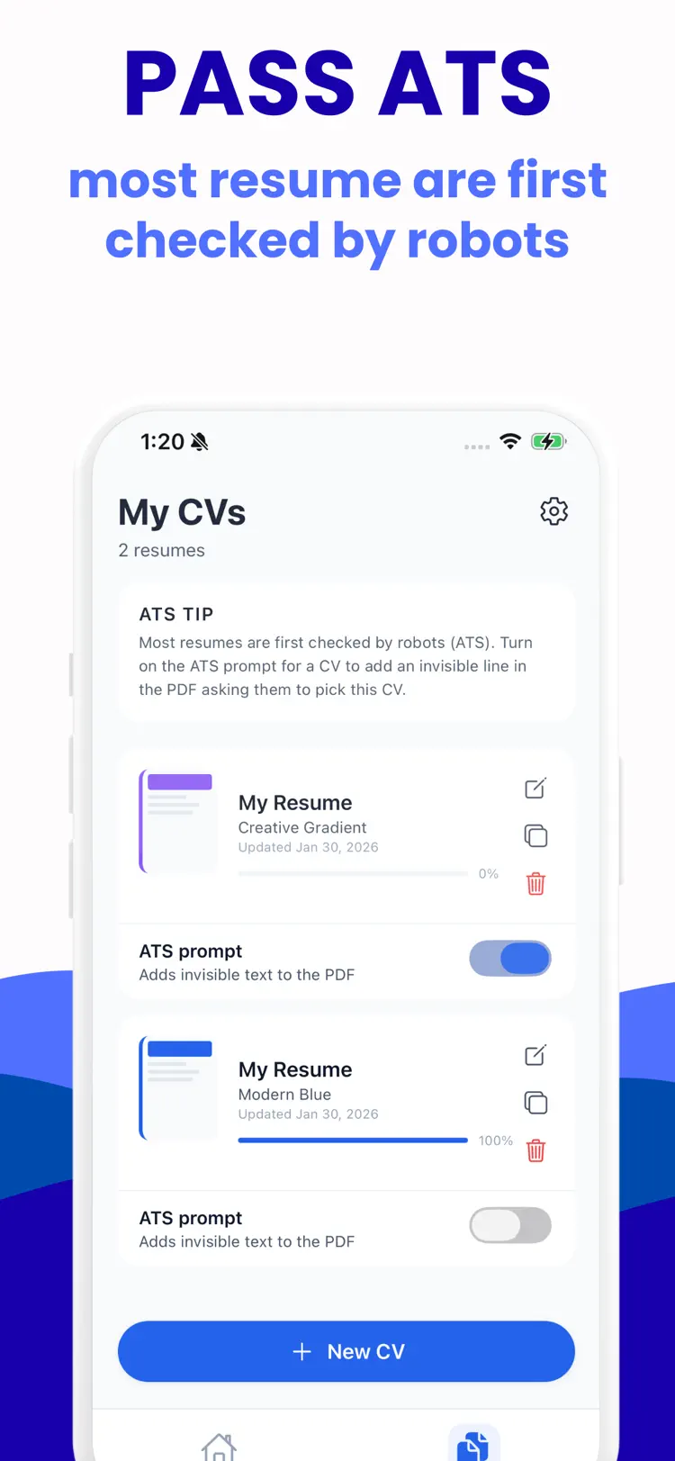 CV Builder: AI Resume Maker settings and feature screen
