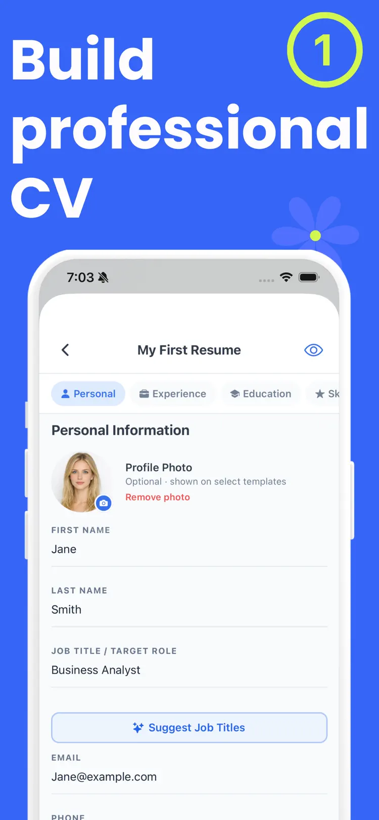 CV Resume Cover Letter Creator main tools and options on iPhone