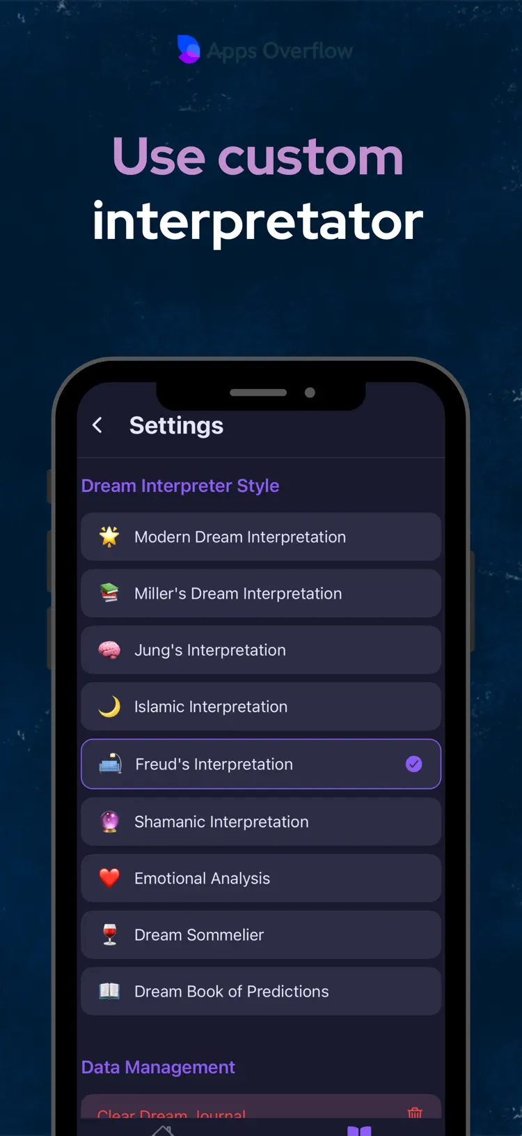 Dreams Analyzer: Interpretator settings and feature screen