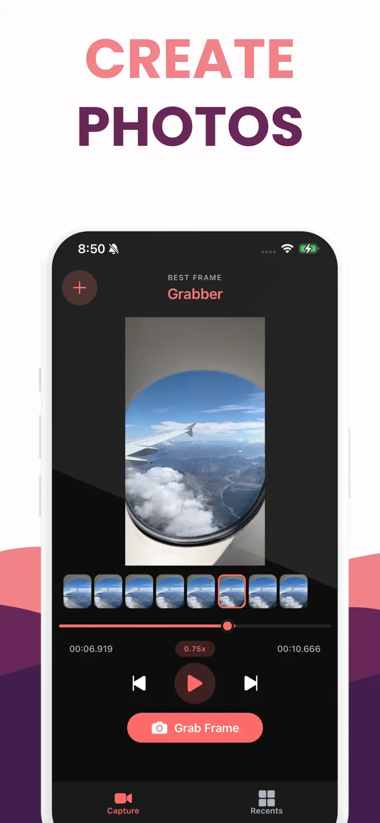 Frame Grabber - Freeze Frame main tools and options on iPhone