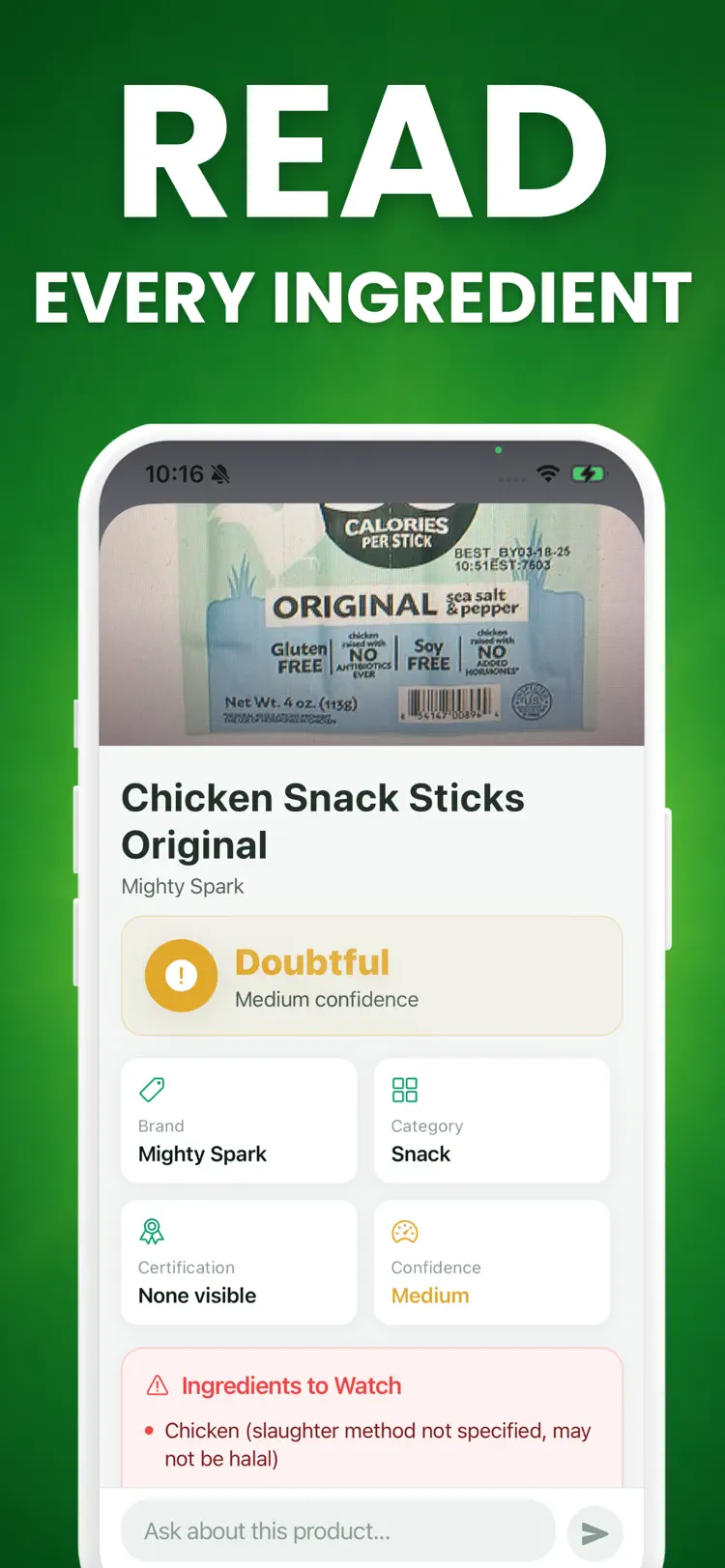 Halal Food Scanner AI iPhone app screen for scan food for halal information