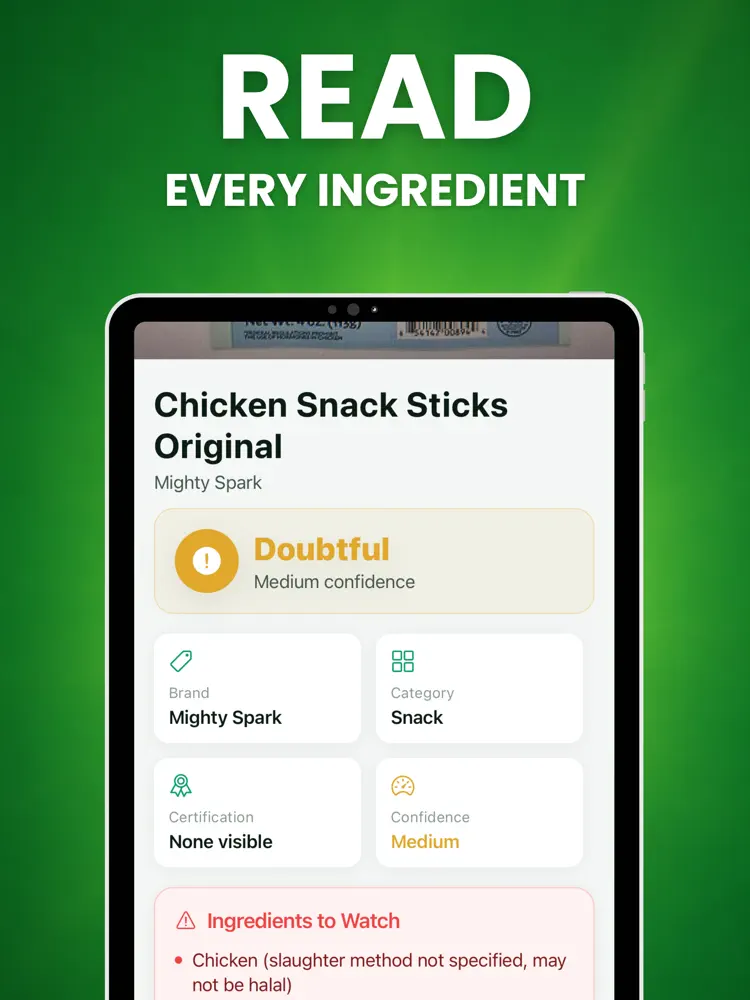 Halal Food Scanner AI saved results and sharing options