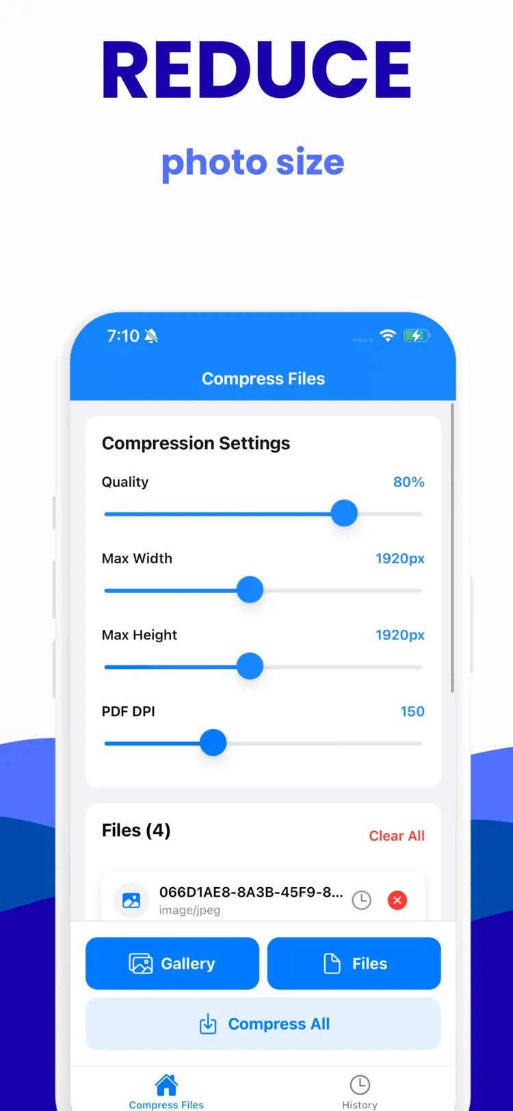 Image Compressor: Resize Photo main tools and options on iPhone