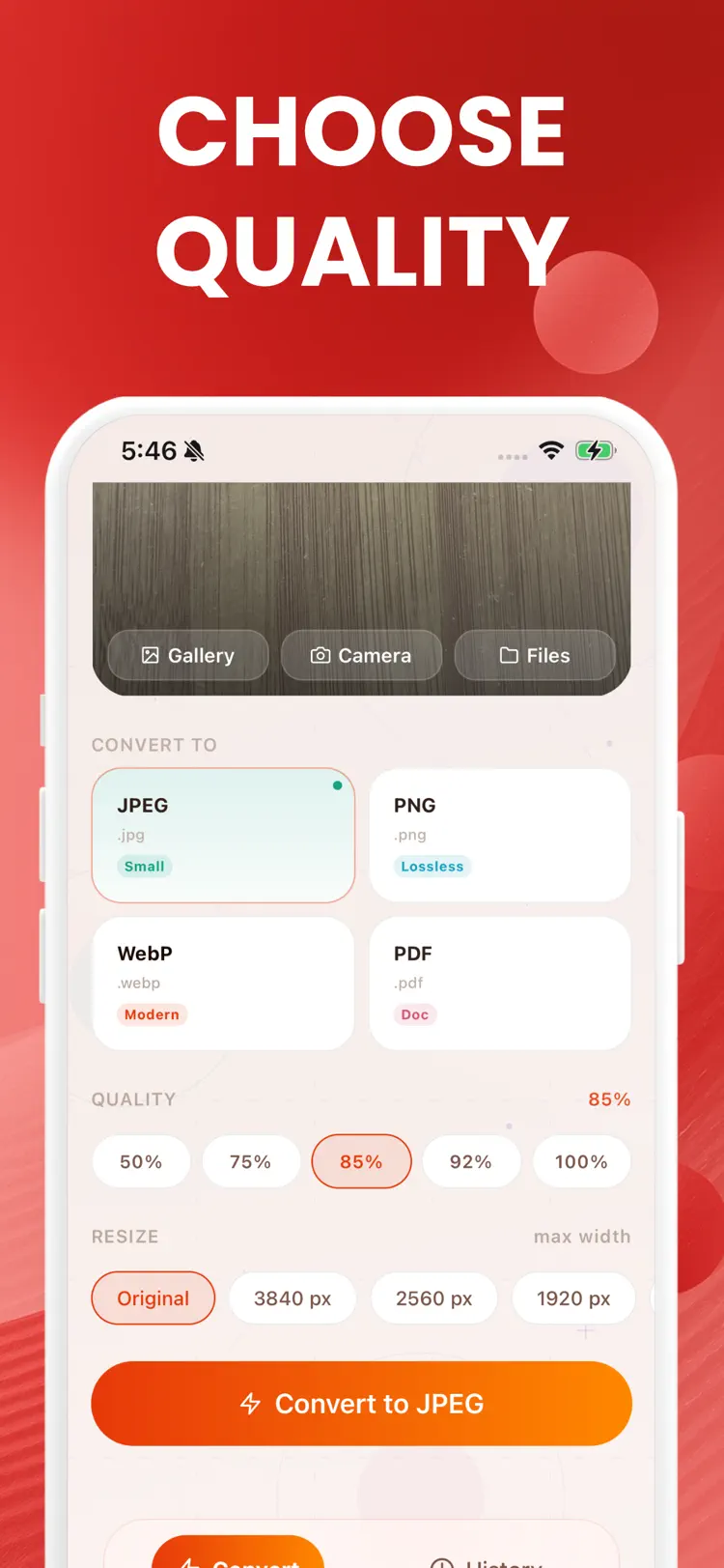 Image Converter: JPEG HEIC PDF settings and feature screen