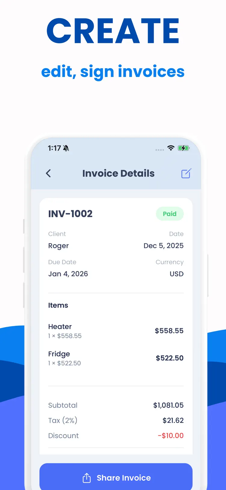 Invoice Generator: Maker ASAP main tools and options on iPhone