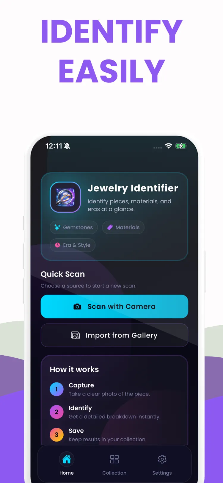 Jewelry Identifier: Appraisal+ main tools and options on iPhone