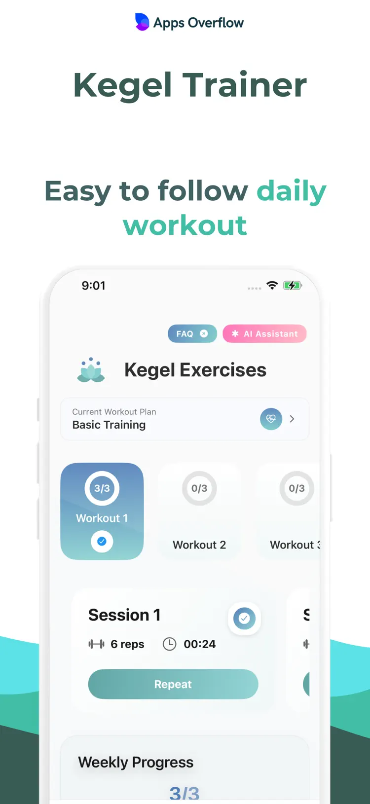 Kegel Time: Improve Sex Health iPhone app screen for follow and track Kegel workouts