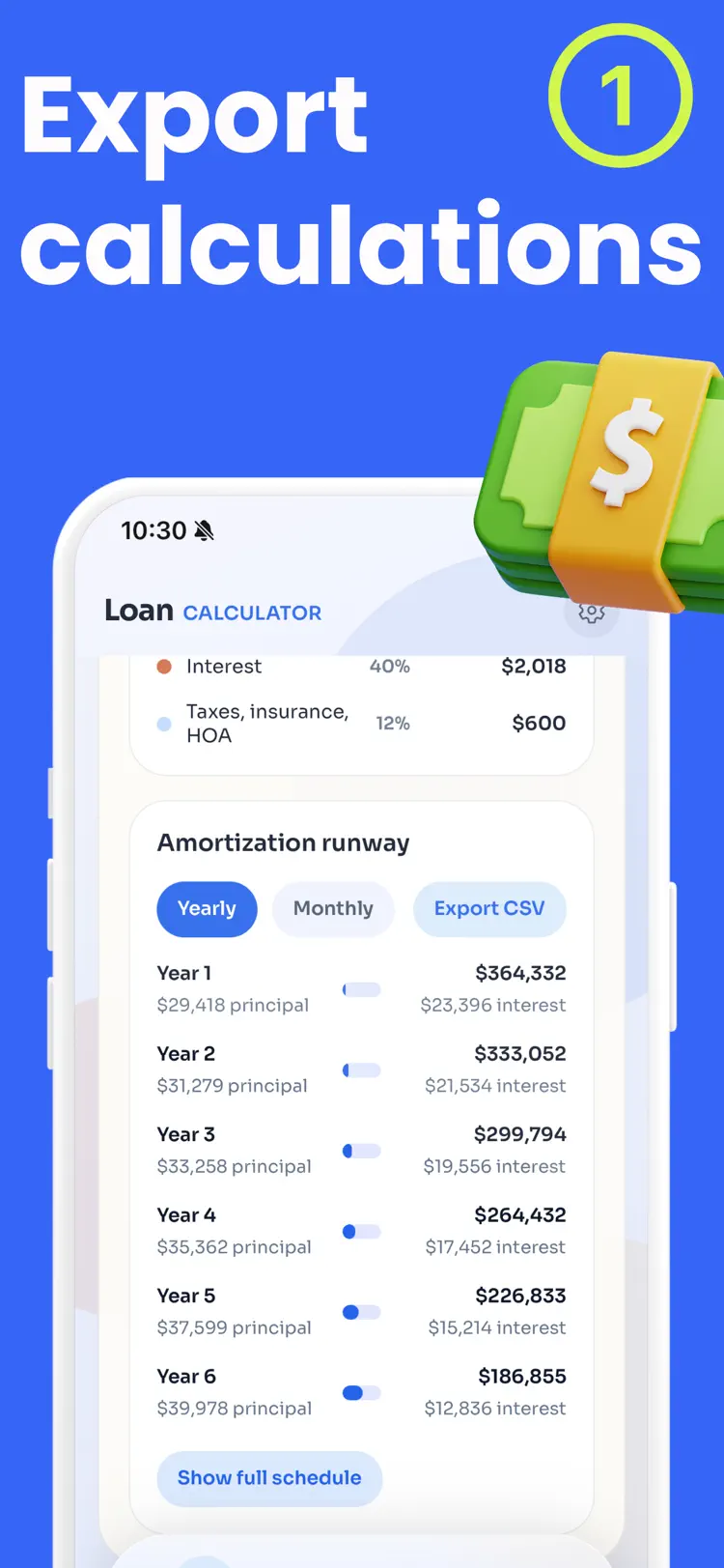 Loan Calculator & Mortgage main tools and options on iPhone
