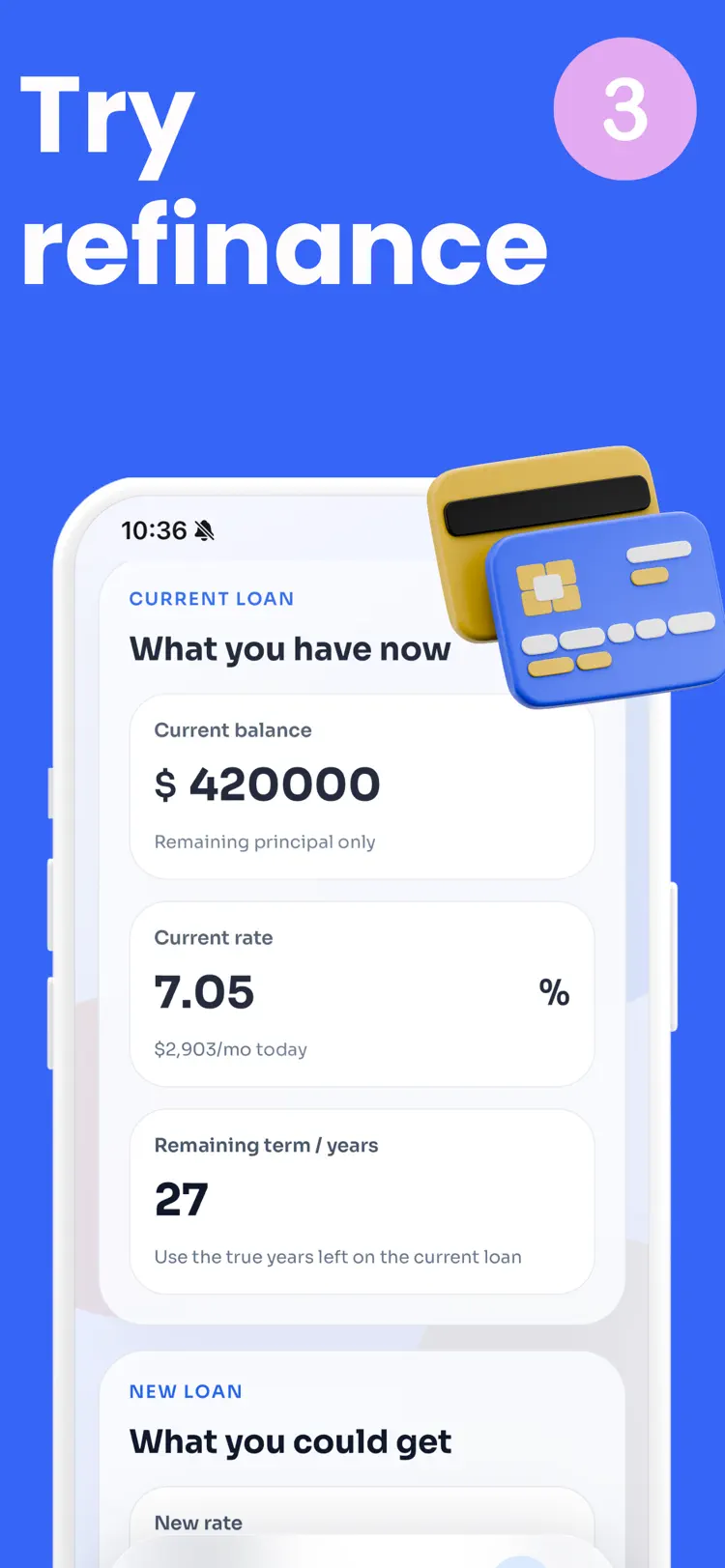 Loan Calculator & Mortgage settings and feature screen