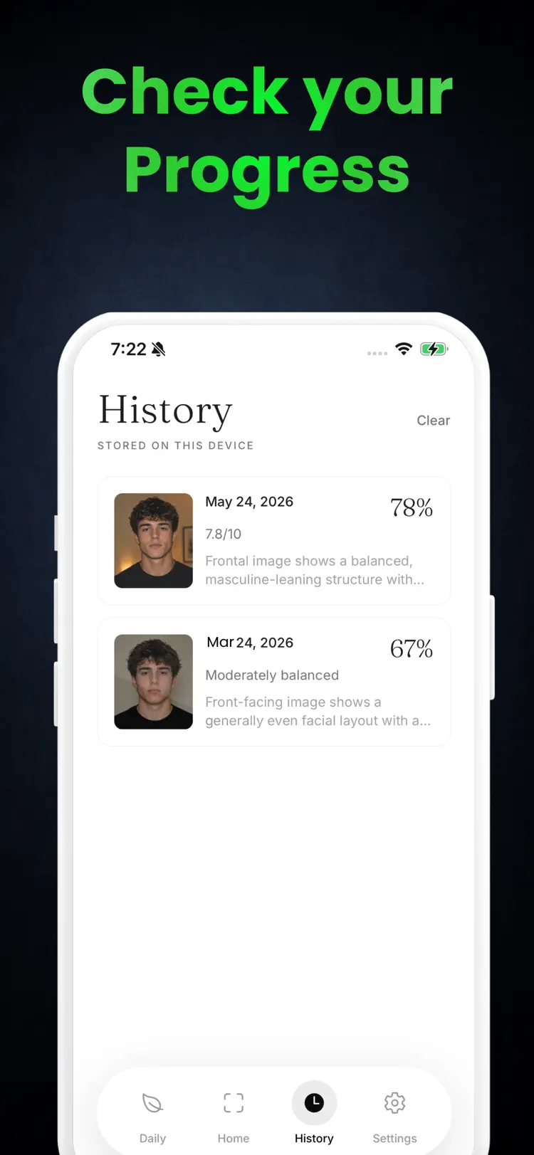 Looksmaxxing AI: LooksMax Face saved results and sharing options