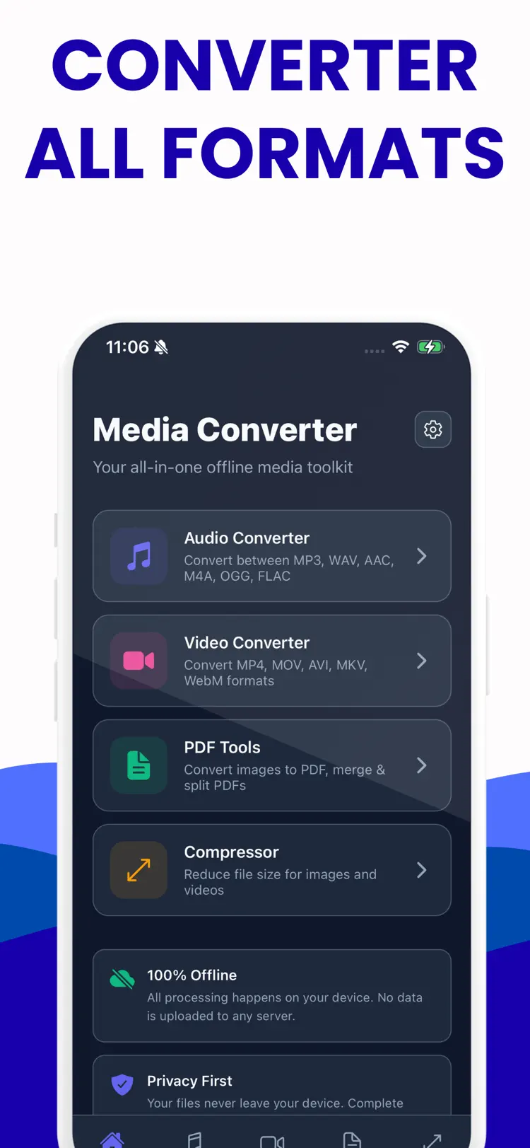 Media Converter: Compressor HQ main tools and options on iPhone