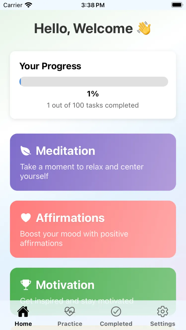 Mindful Cards: Stress Relief iPhone app screen for practice short mindfulness exercises