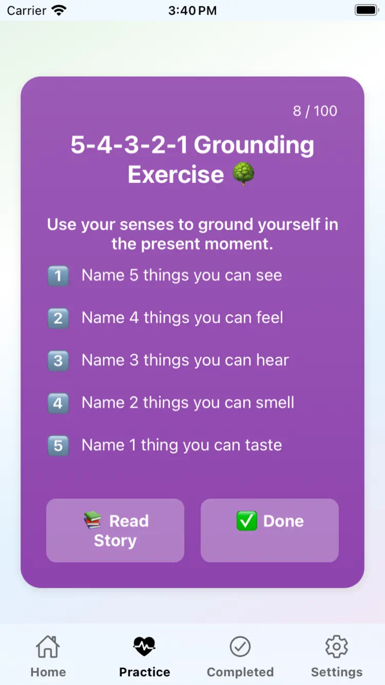 Mindful Cards: Stress Relief main tools and options on iPhone
