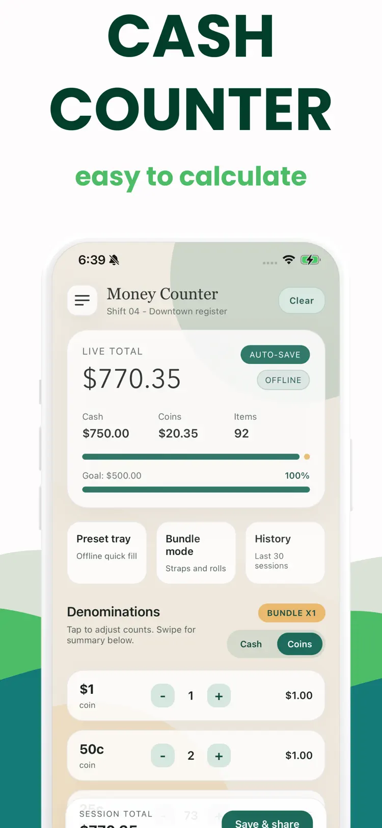 Money Counter: Cash & Coins main tools and options on iPhone