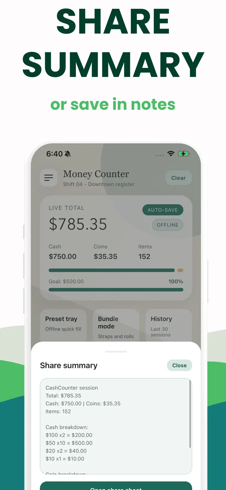 Money Counter: Cash & Coins settings and feature screen