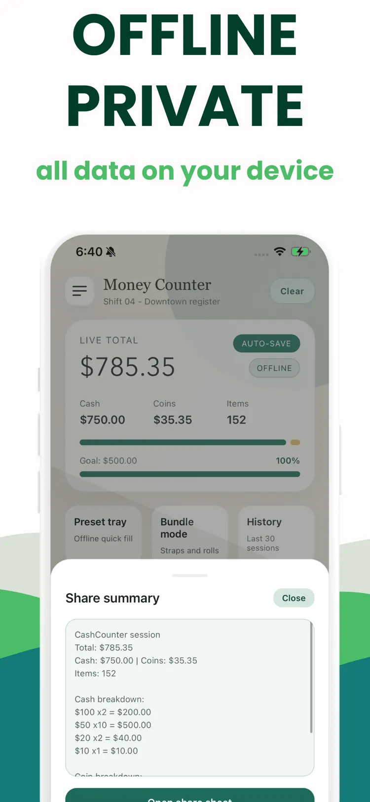 Money Counter: Cash & Coins saved results and sharing options