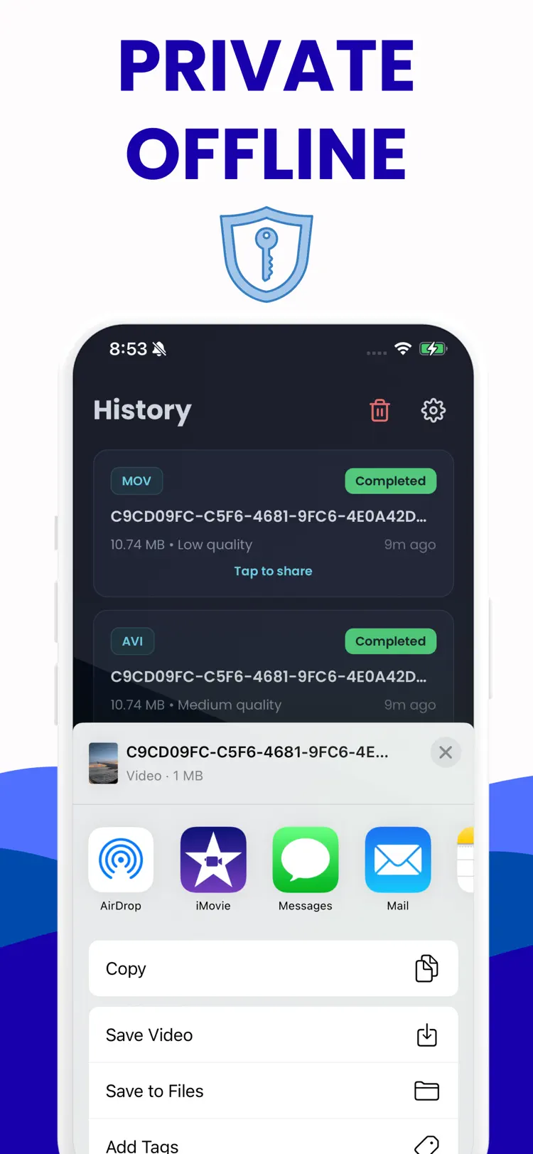 MOV to MP4 - Video Converter saved results and sharing options