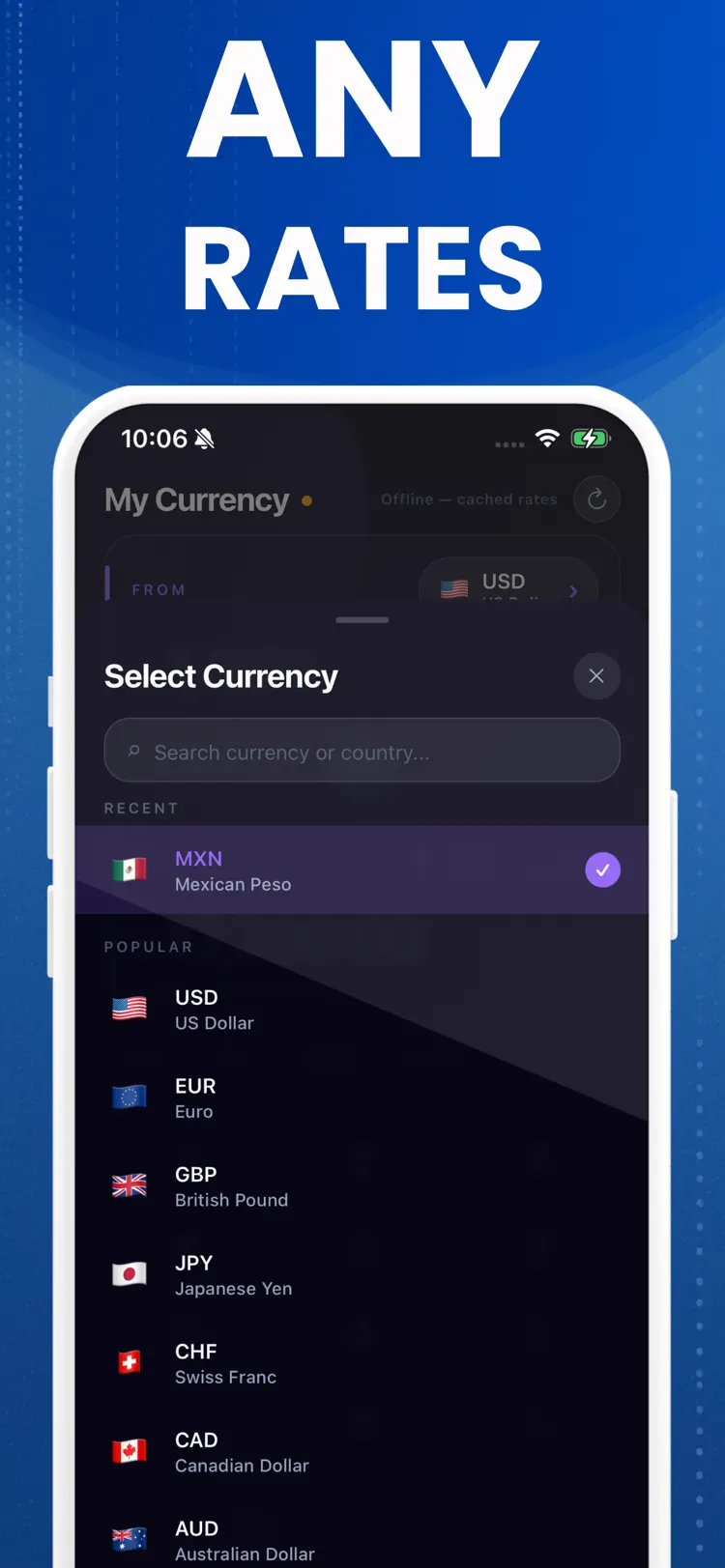 My Currency Converter - Rates settings and feature screen