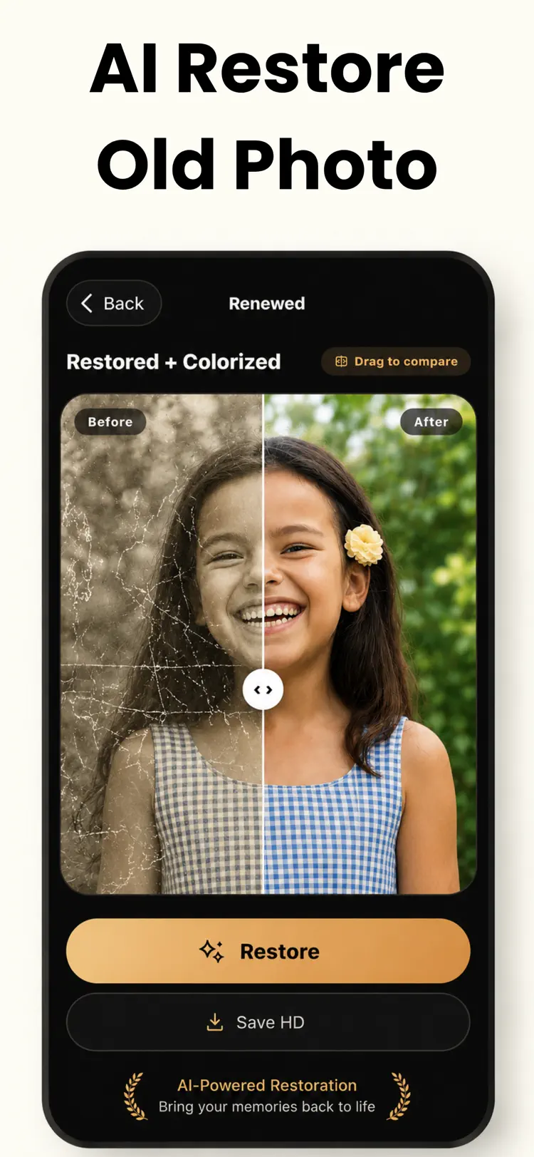 Old Photo Restore Repair AI iPhone app screen for restore old and damaged photos