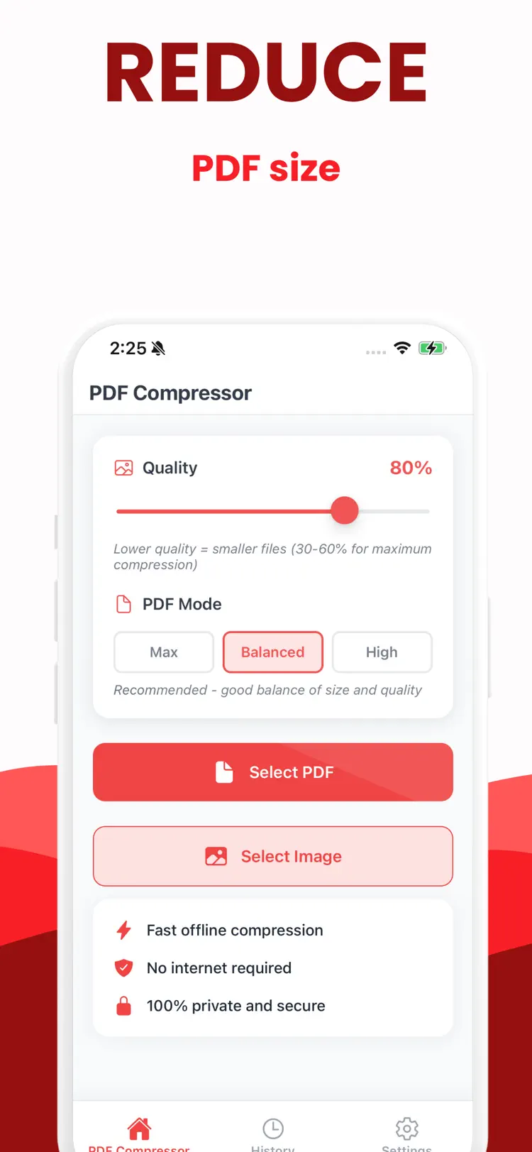 PDF Compressor • Compress PDF main tools and options on iPhone