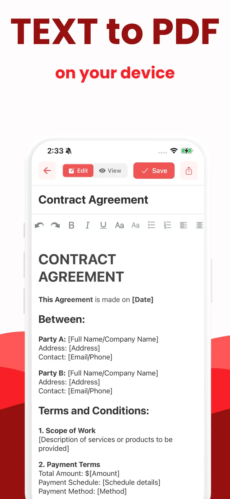 PDF Maker & Edit: Text to PDF main tools and options on iPhone