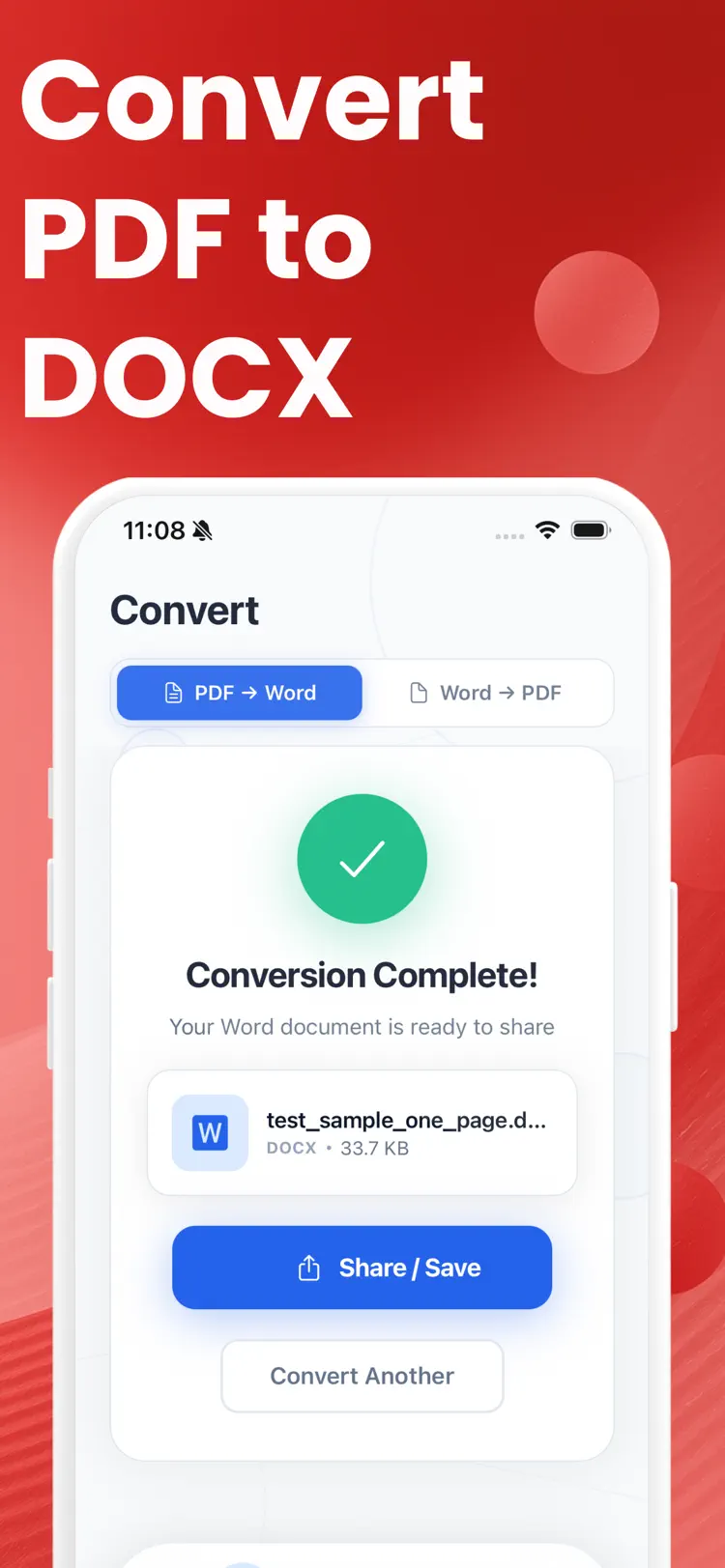 PDF to Word Converter & Docx main tools and options on iPhone