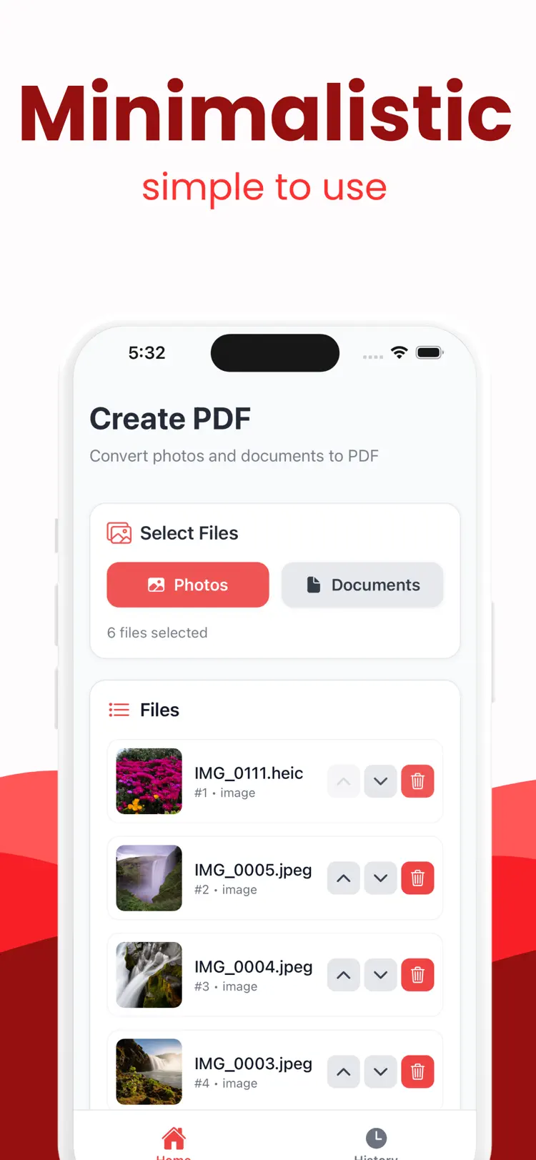 Page size options A4, Letter and Auto in the Photo to PDF app