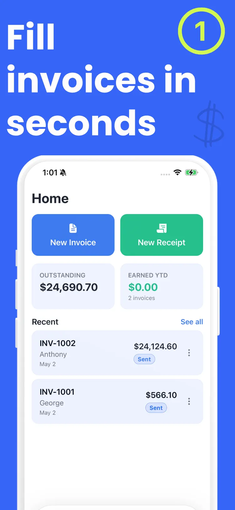 Quick Invoice Maker: Estimate main tools and options on iPhone