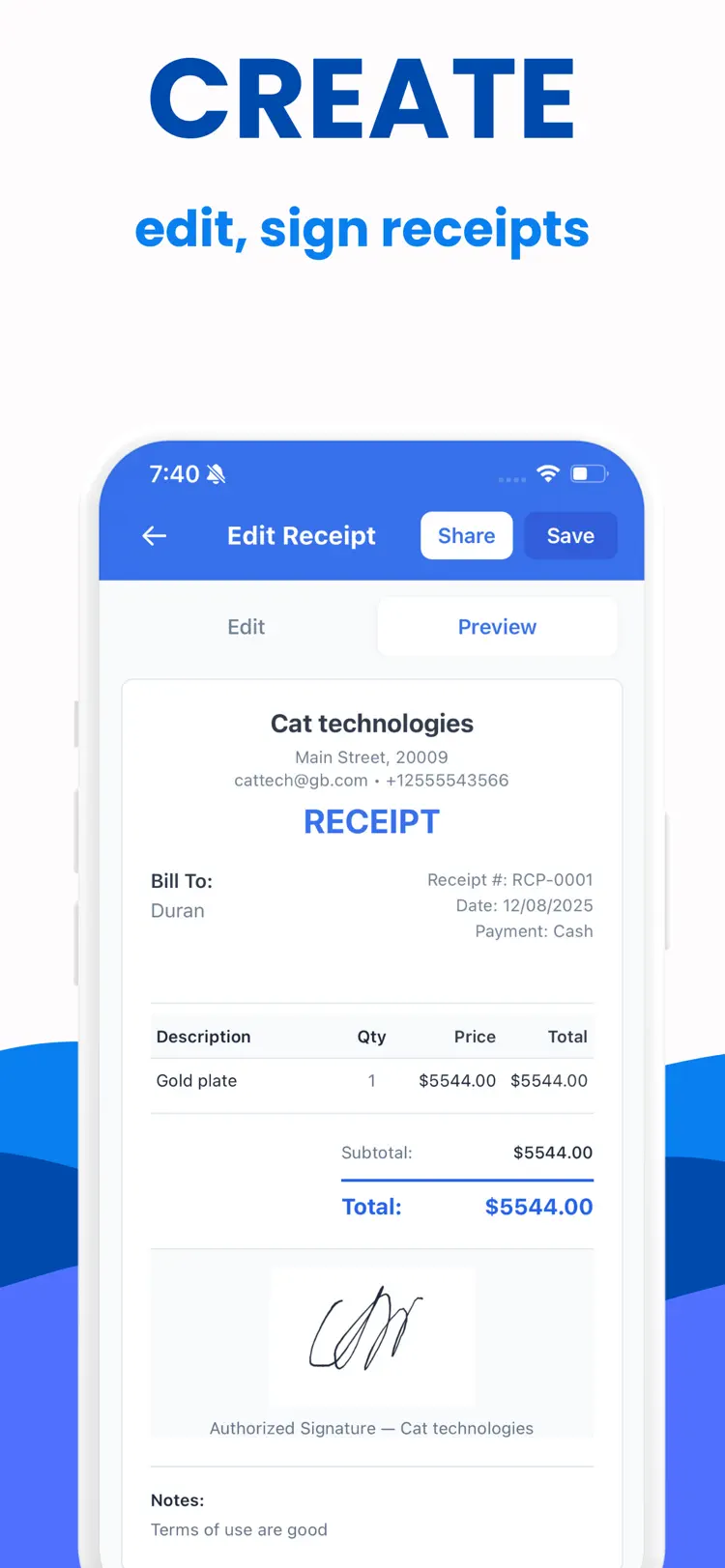 Receipt Maker : Make Receipt main tools and options on iPhone