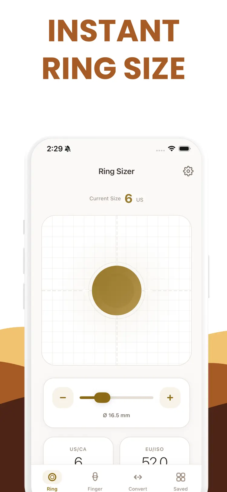 Ring Sizer – Size Measure app main tools and options on iPhone