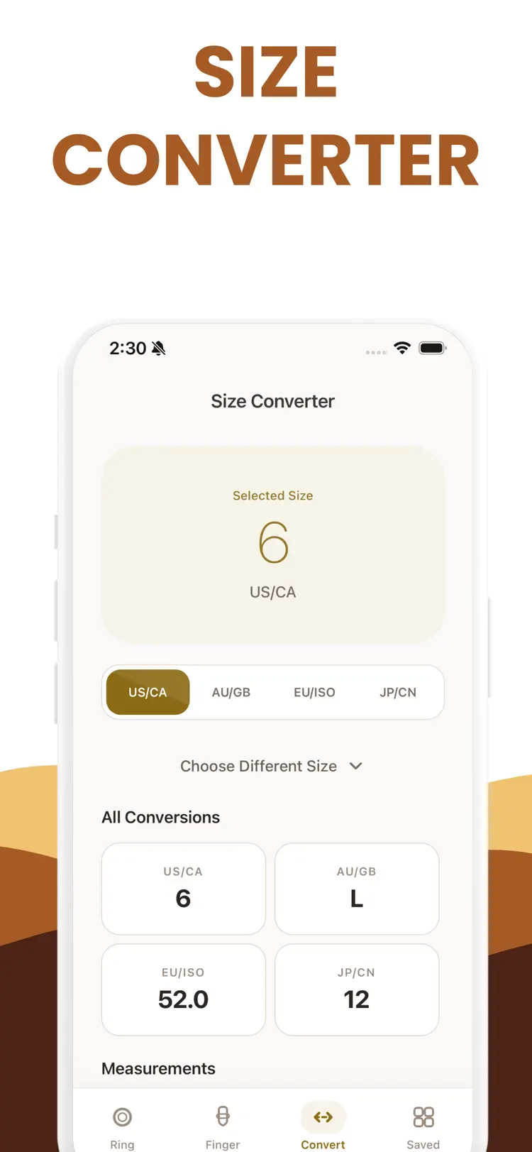 Ring Sizer – Size Measure app settings and feature screen