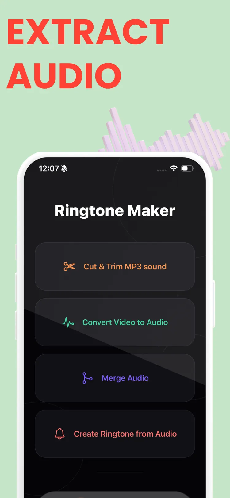 Ringtone Maker & Extract Audio main tools and options on iPhone