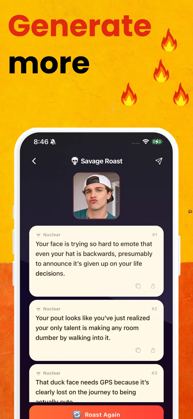 Roast Bot & AI Roast Generator saved results and sharing options