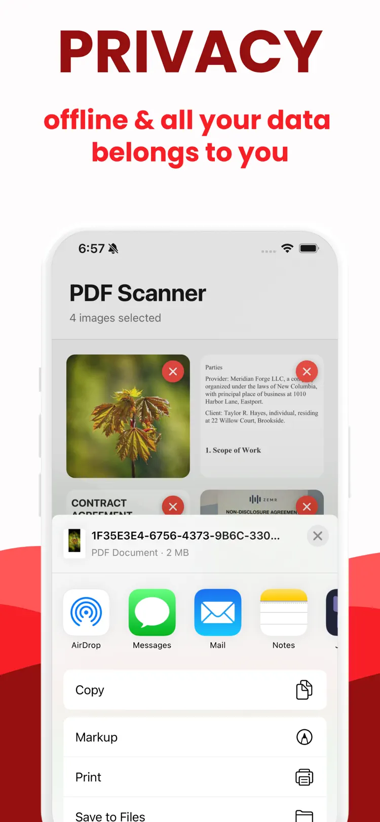 Scanner to PDF: Convert to PDF settings and feature screen