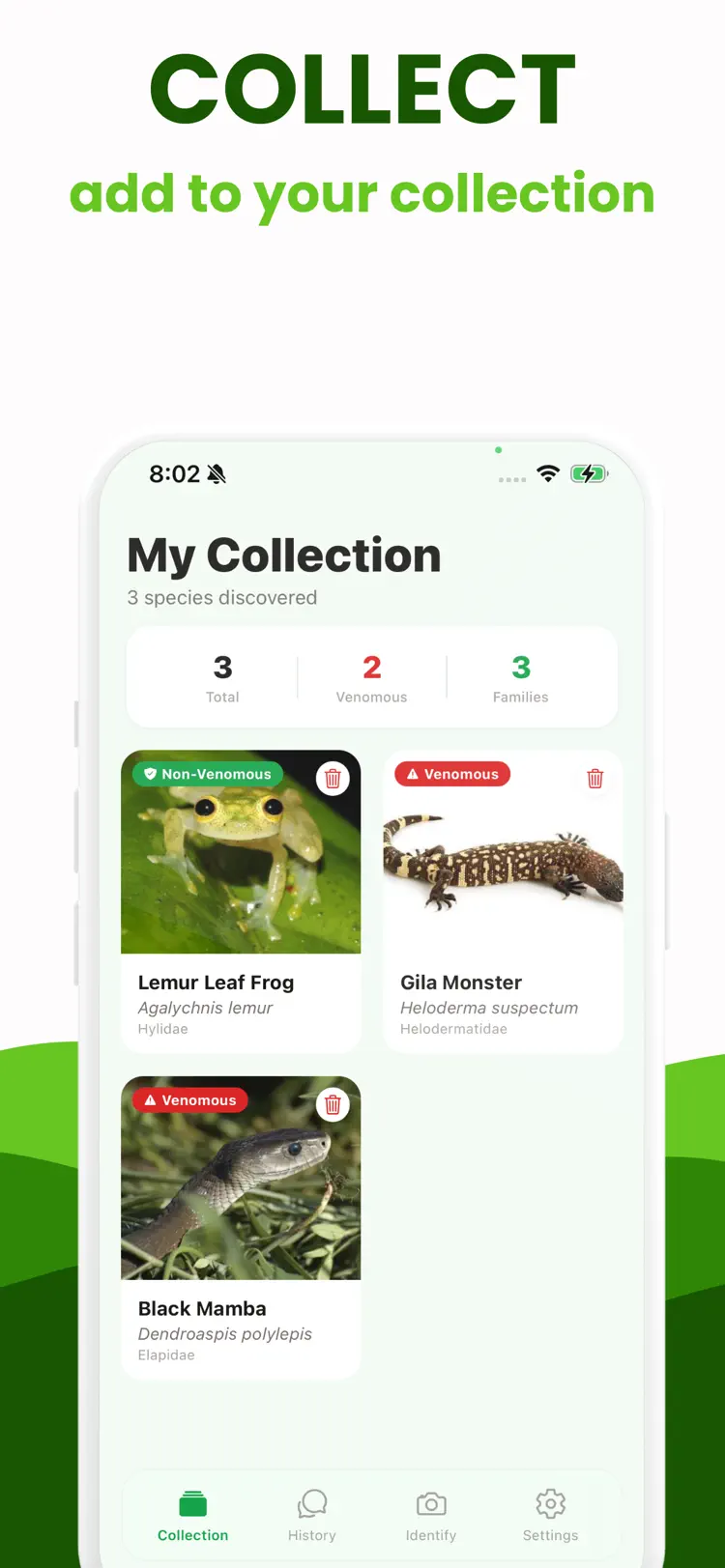 Snake Identifier + Reptile ID settings and feature screen